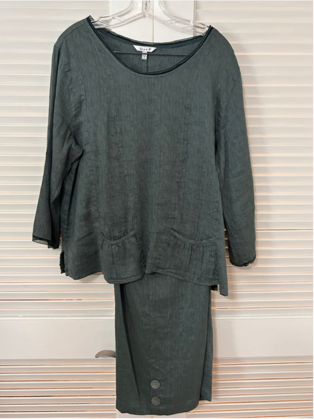 Kleen Silk Linen 2-Piece Set XL Forest Green Sheer Trim Ruffle Pockets